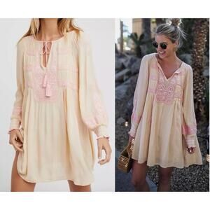 Free People Wind Willow Boho Embroidered Mini Dress Small Spring Summer Oversize